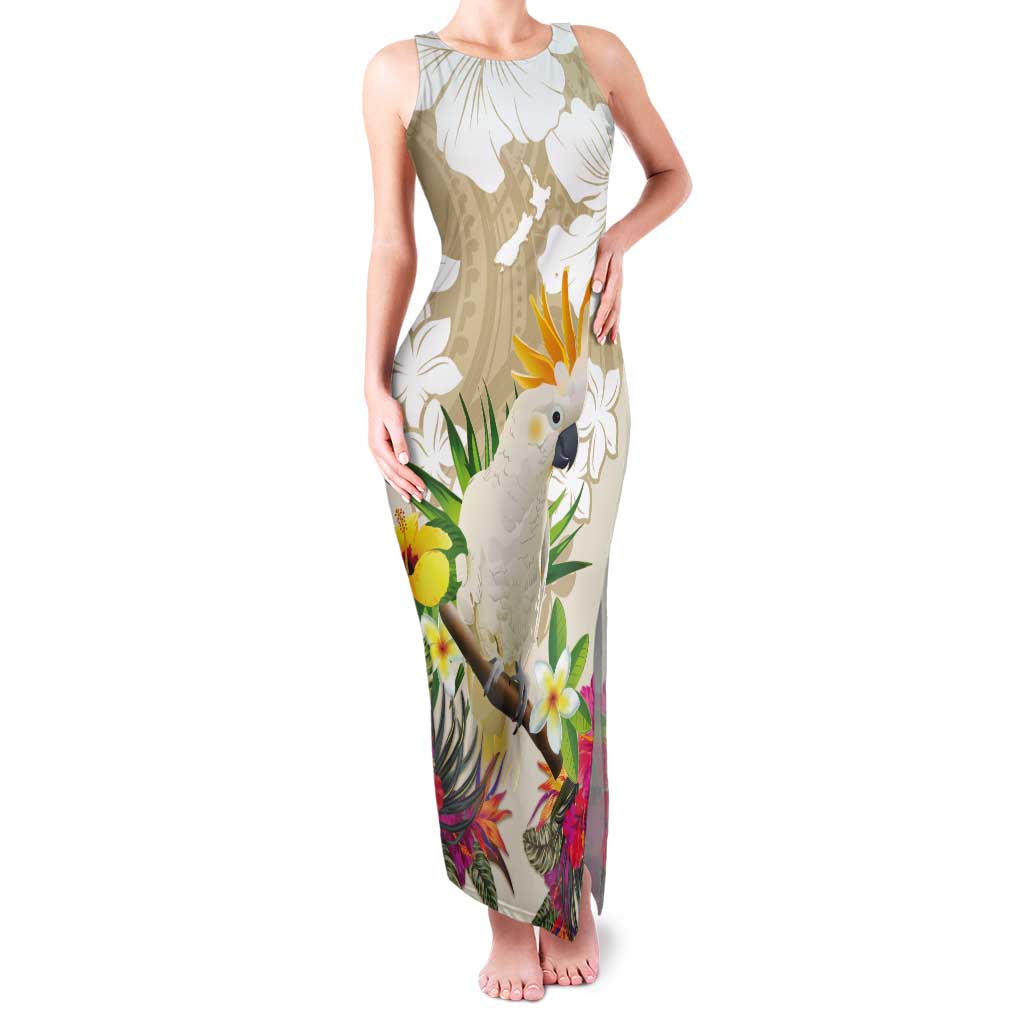 New Zealand Cacatua Galerita Tank Maxi Dress Aotearoa Cockatoo Tropical Flowers LT14 Women Beige - Polynesian Pride