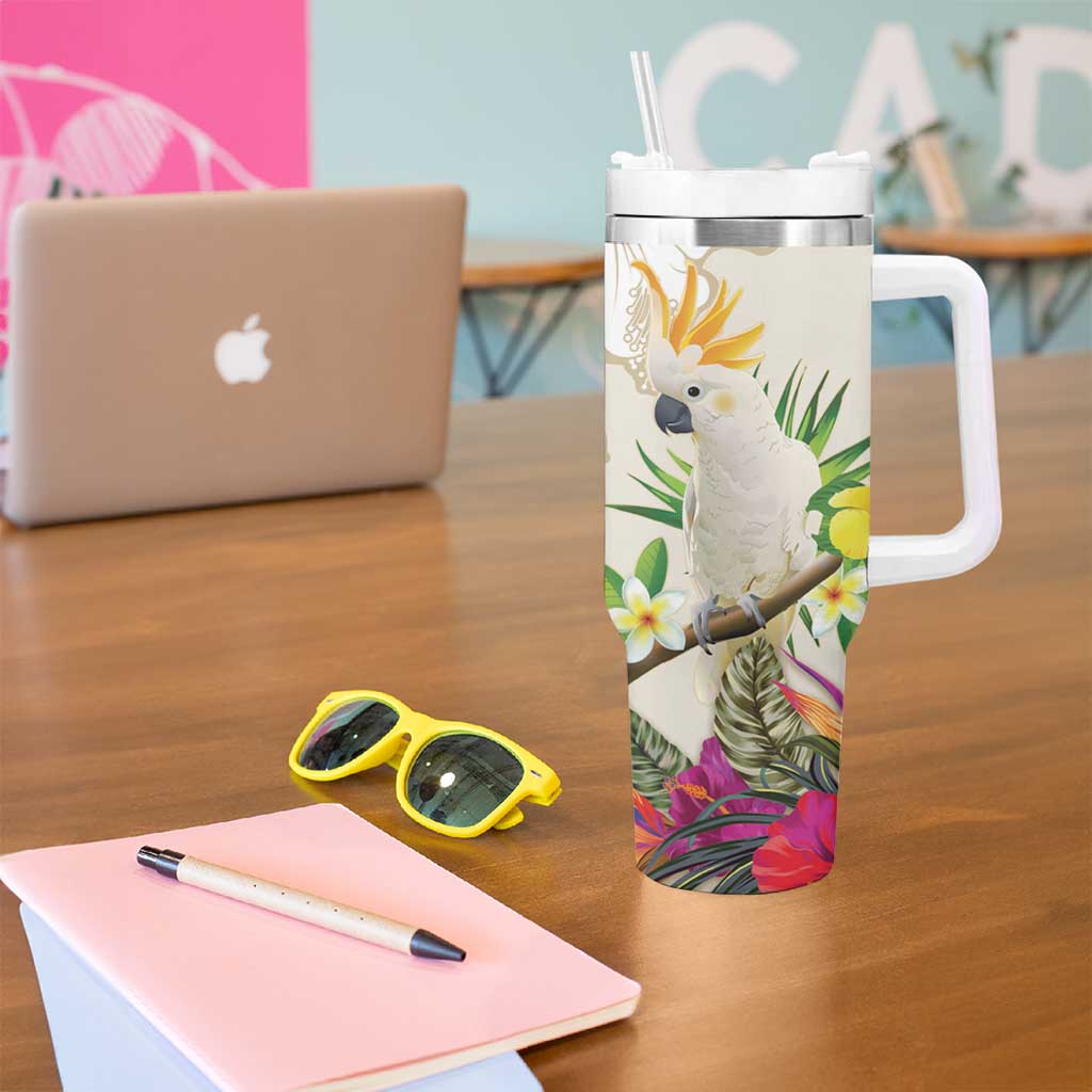 New Zealand Cacatua Galerita Tumbler With Handle Aotearoa Cockatoo Tropical Flowers LT14 - Polynesian Pride