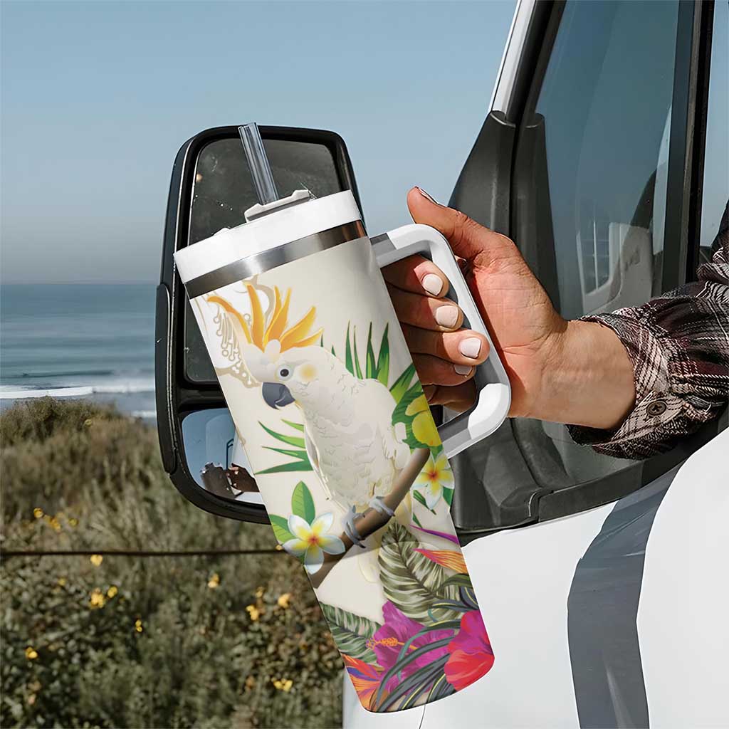 New Zealand Cacatua Galerita Tumbler With Handle Aotearoa Cockatoo Tropical Flowers LT14 - Polynesian Pride