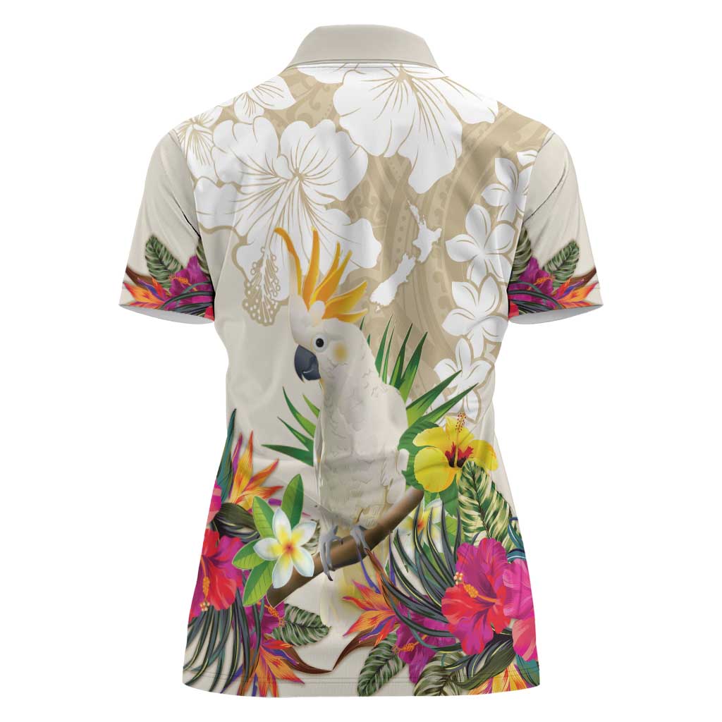 New Zealand Cacatua Galerita Women Polo Shirt Aotearoa Cockatoo Tropical Flowers LT14 - Polynesian Pride