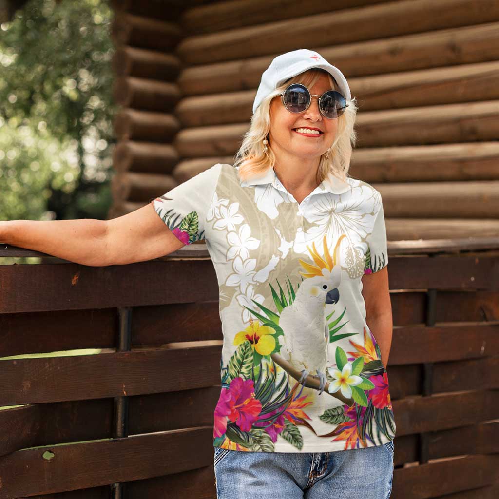 New Zealand Cacatua Galerita Women Polo Shirt Aotearoa Cockatoo Tropical Flowers LT14 - Polynesian Pride