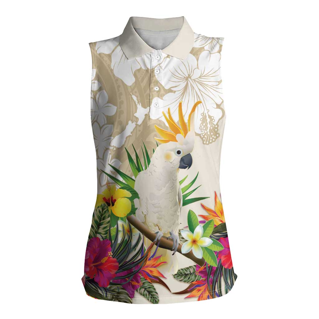 New Zealand Cacatua Galerita Women Sleeveless Polo Shirt Aotearoa Cockatoo Tropical Flowers LT14 Female Beige - Polynesian Pride