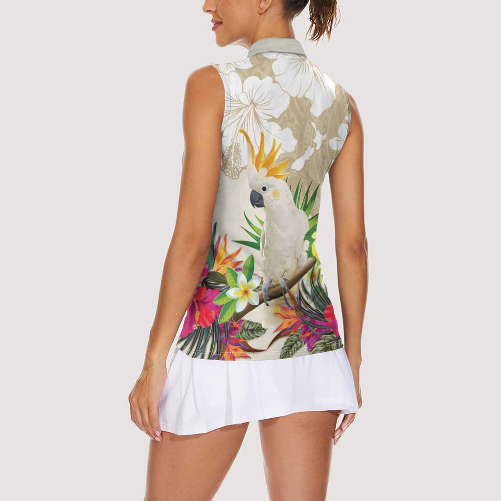 New Zealand Cacatua Galerita Women Sleeveless Polo Shirt Aotearoa Cockatoo Tropical Flowers LT14 - Polynesian Pride