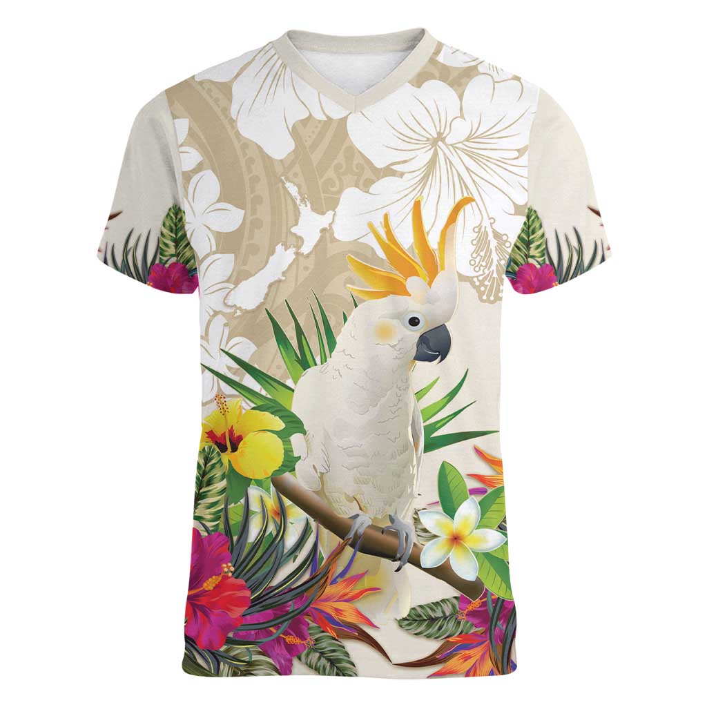 New Zealand Cacatua Galerita Women V-Neck T-Shirt Aotearoa Cockatoo Tropical Flowers