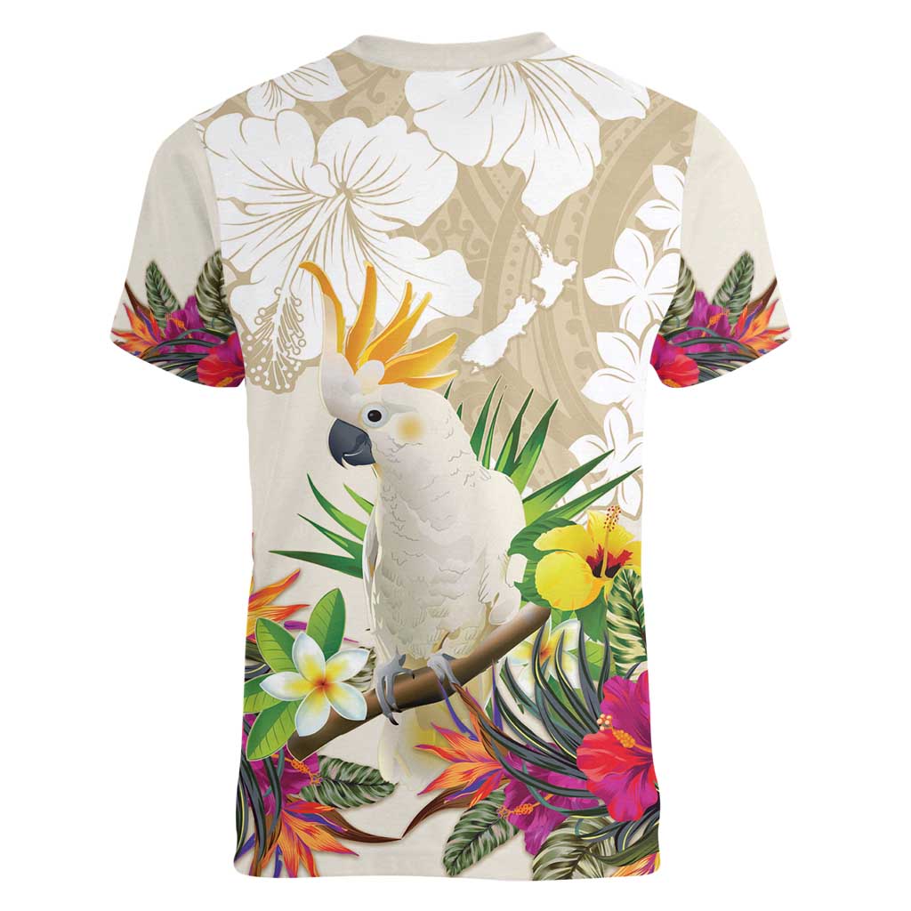 New Zealand Cacatua Galerita Women V-Neck T-Shirt Aotearoa Cockatoo Tropical Flowers