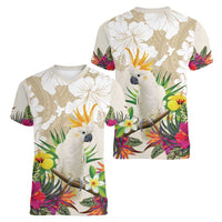 New Zealand Cacatua Galerita Women V-Neck T-Shirt Aotearoa Cockatoo Tropical Flowers