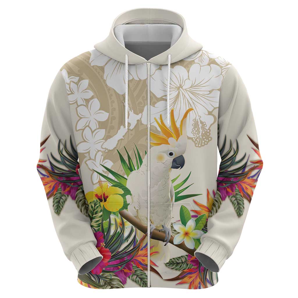 New Zealand Cacatua Galerita Zip Hoodie Aotearoa Cockatoo Tropical Flowers LT14 - Polynesian Pride