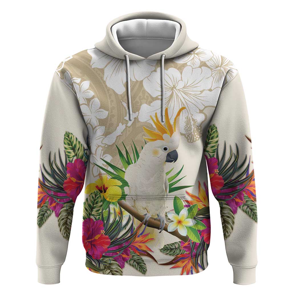 New Zealand Cacatua Galerita Zip Hoodie Aotearoa Cockatoo Tropical Flowers LT14 Pullover Hoodie Beige - Polynesian Pride