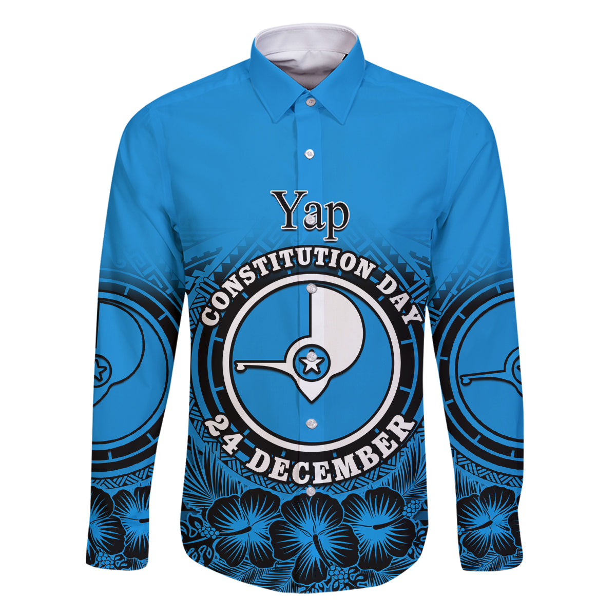 Personalised Yap Constitution Day Family Matching Off Shoulder Short Dress and Hawaiian Shirt FSM Seal Happy 24 December LT14 Dad's Shirt - Long Sleeve Blue - Polynesian Pride