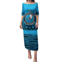 Personalised Yap Constitution Day Family Matching Puletasi Dress and Hawaiian Shirt FSM Seal Happy 24 December LT14 Mom's Dress Blue - Polynesian Pride