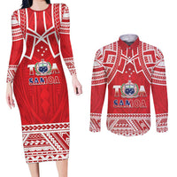 Samoa Rugby Custom Couples Matching Long Sleeve Bodycon Dress and Long Sleeve Button Shirt Toa Samoa Pacific Sporty Red - Polynesian Pride