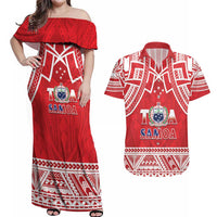 Samoa Rugby Custom Couples Matching Off Shoulder Maxi Dress and Hawaiian Shirt Toa Samoa Pacific Sporty Red - Polynesian Pride