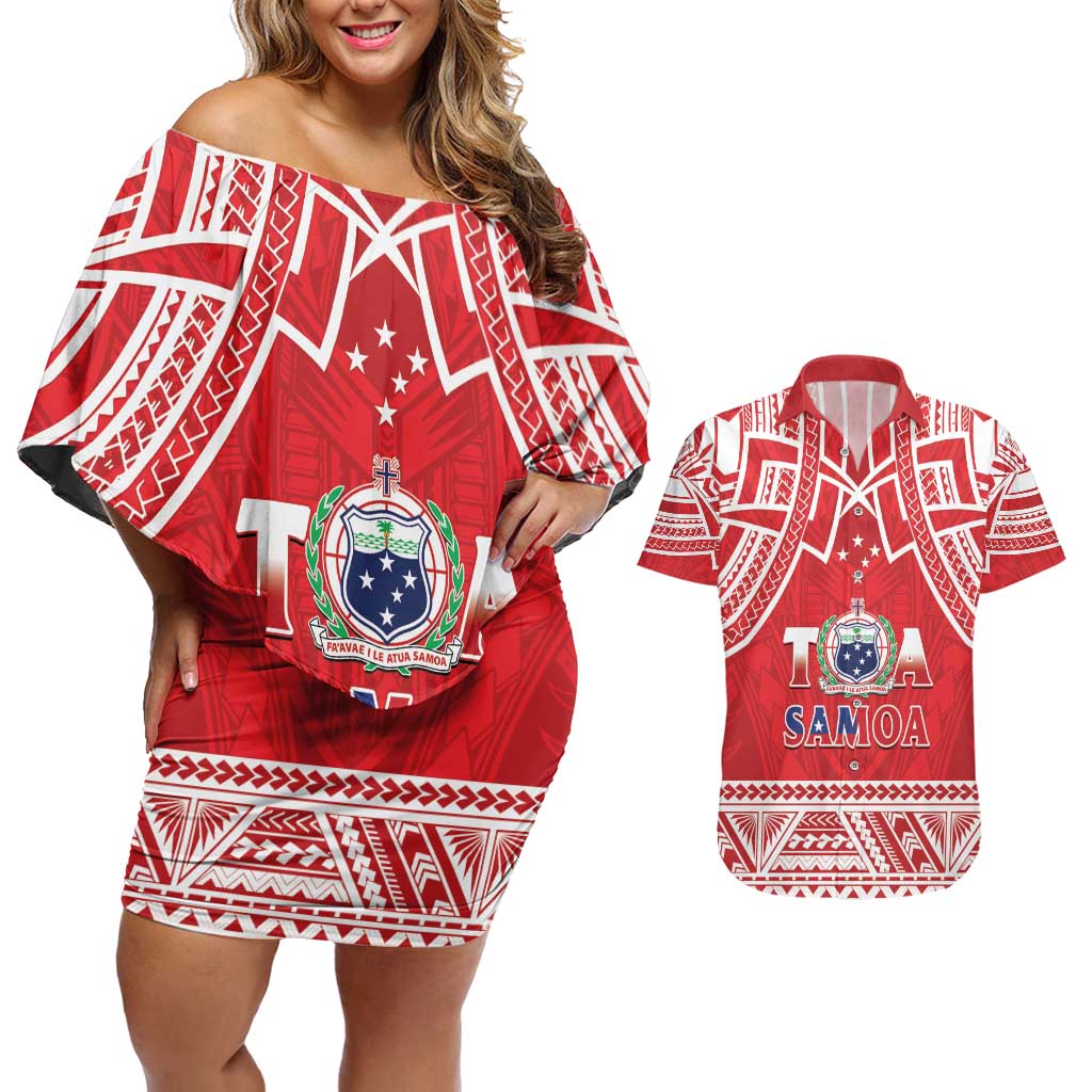 Samoa Rugby Custom Couples Matching Off Shoulder Short Dress and Hawaiian Shirt Toa Samoa Pacific Sporty Red - Polynesian Pride