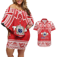 Samoa Rugby Custom Couples Matching Off Shoulder Short Dress and Hawaiian Shirt Toa Samoa Pacific Sporty Red - Polynesian Pride