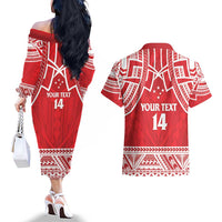 Samoa Rugby Custom Couples Matching Off The Shoulder Long Sleeve Dress and Hawaiian Shirt Toa Samoa Pacific Sporty Red - Polynesian Pride