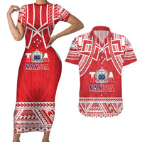 Samoa Rugby Custom Couples Matching Short Sleeve Bodycon Dress and Hawaiian Shirt Toa Samoa Pacific Sporty Red - Polynesian Pride
