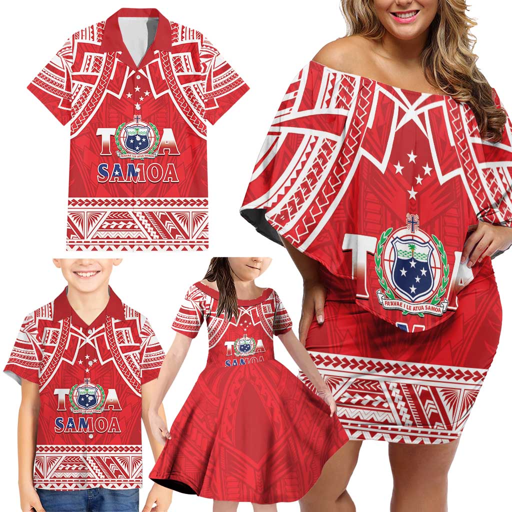 Samoa Rugby Custom Family Matching Off Shoulder Short Dress and Hawaiian Shirt Toa Samoa Pacific Sporty Red - Polynesian Pride