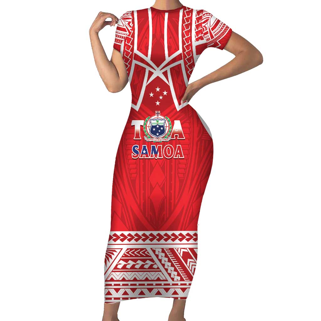 Samoa Rugby Custom Short Sleeve Bodycon Dress Toa Samoa Pacific Sporty Red - Polynesian Pride