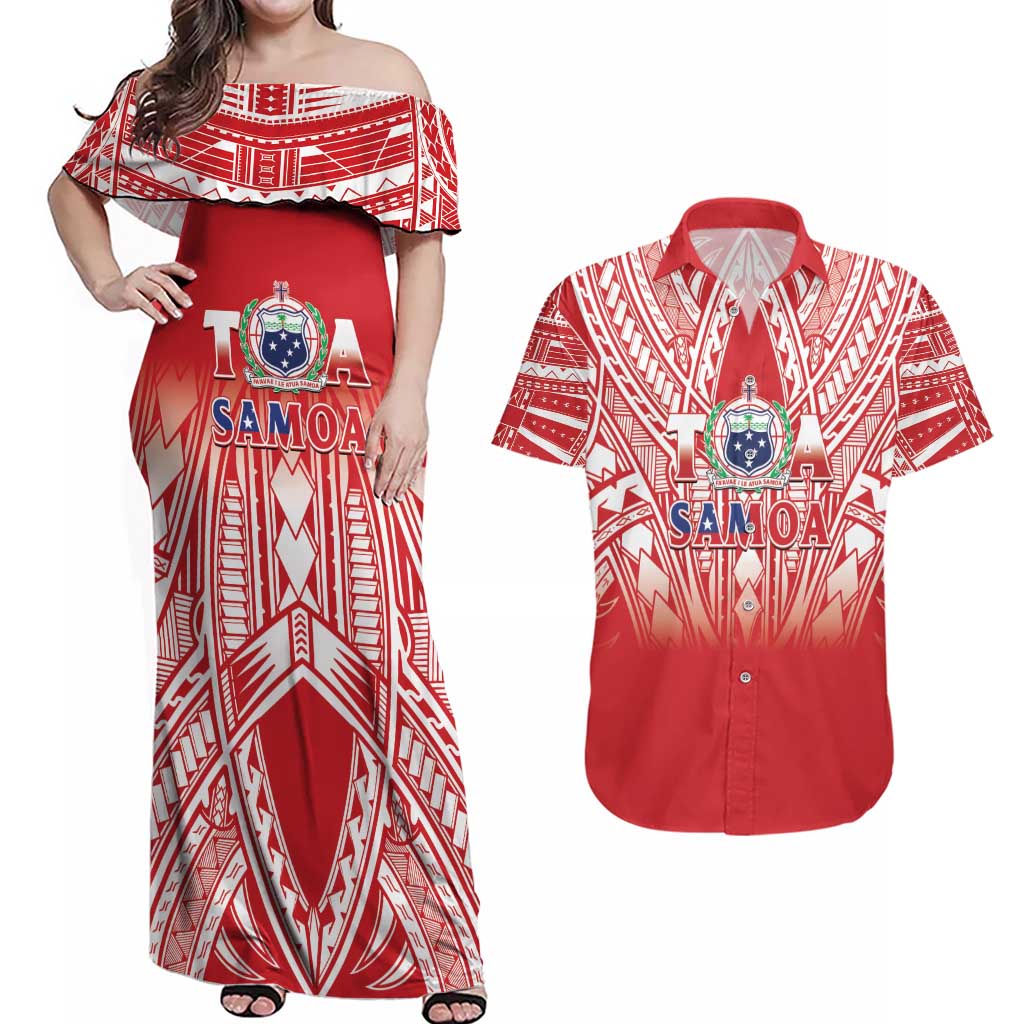 Toa Samoa Rugby Custom Couples Matching Off Shoulder Maxi Dress and Hawaiian Shirt Samoa mo Samoa Polynesian Pacific Red - Polynesian Pride