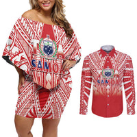 Toa Samoa Rugby Custom Couples Matching Off Shoulder Short Dress and Long Sleeve Button Shirt Samoa mo Samoa Polynesian Pacific Red - Polynesian Pride