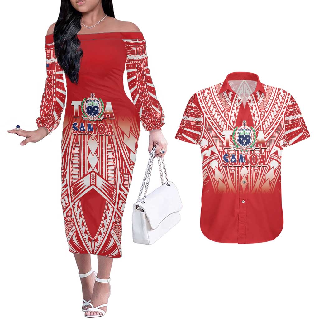 Toa Samoa Rugby Custom Couples Matching Off The Shoulder Long Sleeve Dress and Hawaiian Shirt Samoa mo Samoa Polynesian Pacific Red - Polynesian Pride