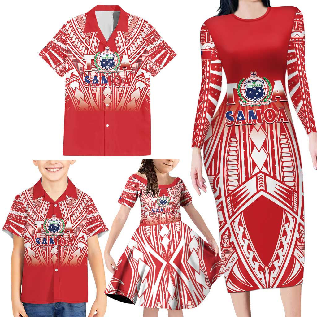 Toa Samoa Rugby Custom Family Matching Long Sleeve Bodycon Dress and Hawaiian Shirt Samoa mo Samoa Polynesian Pacific Red - Polynesian Pride