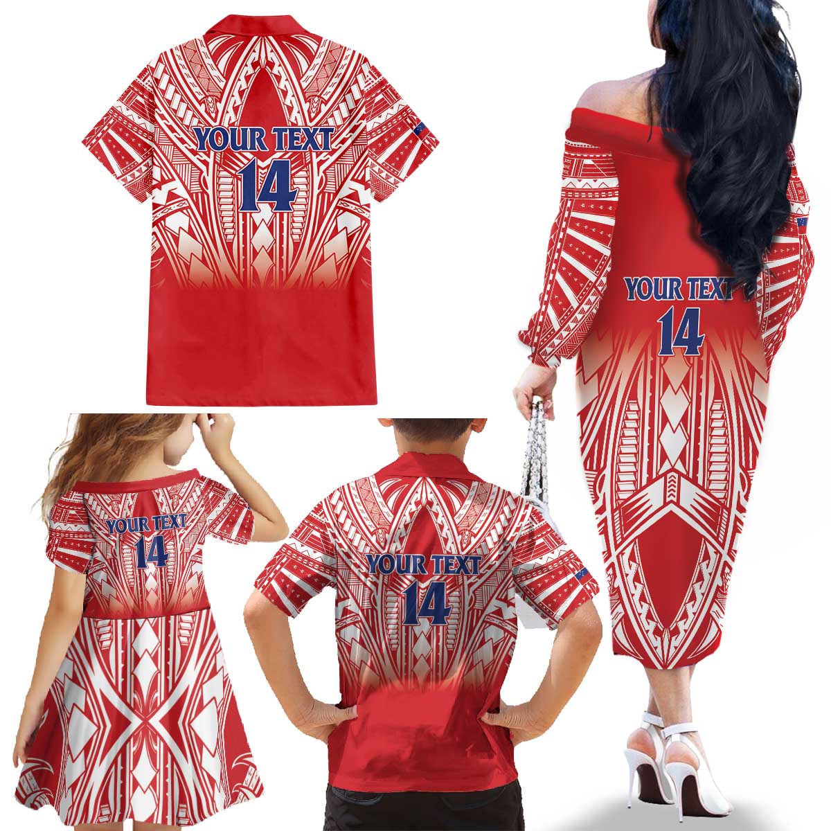Toa Samoa Rugby Custom Family Matching Off The Shoulder Long Sleeve Dress and Hawaiian Shirt Samoa mo Samoa Polynesian Pacific Red - Polynesian Pride