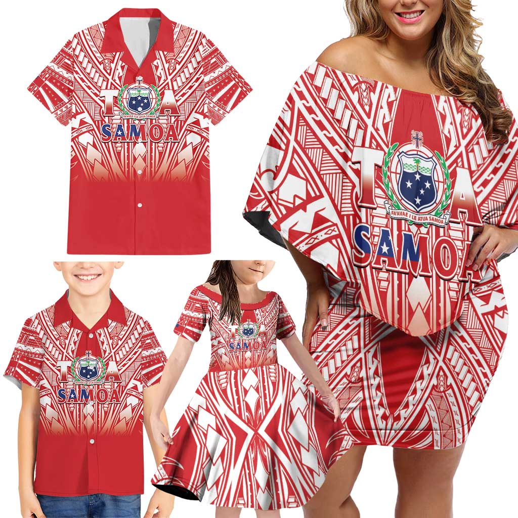 Toa Samoa Rugby Custom Family Matching Off Shoulder Short Dress and Hawaiian Shirt Samoa mo Samoa Polynesian Pacific Red - Polynesian Pride