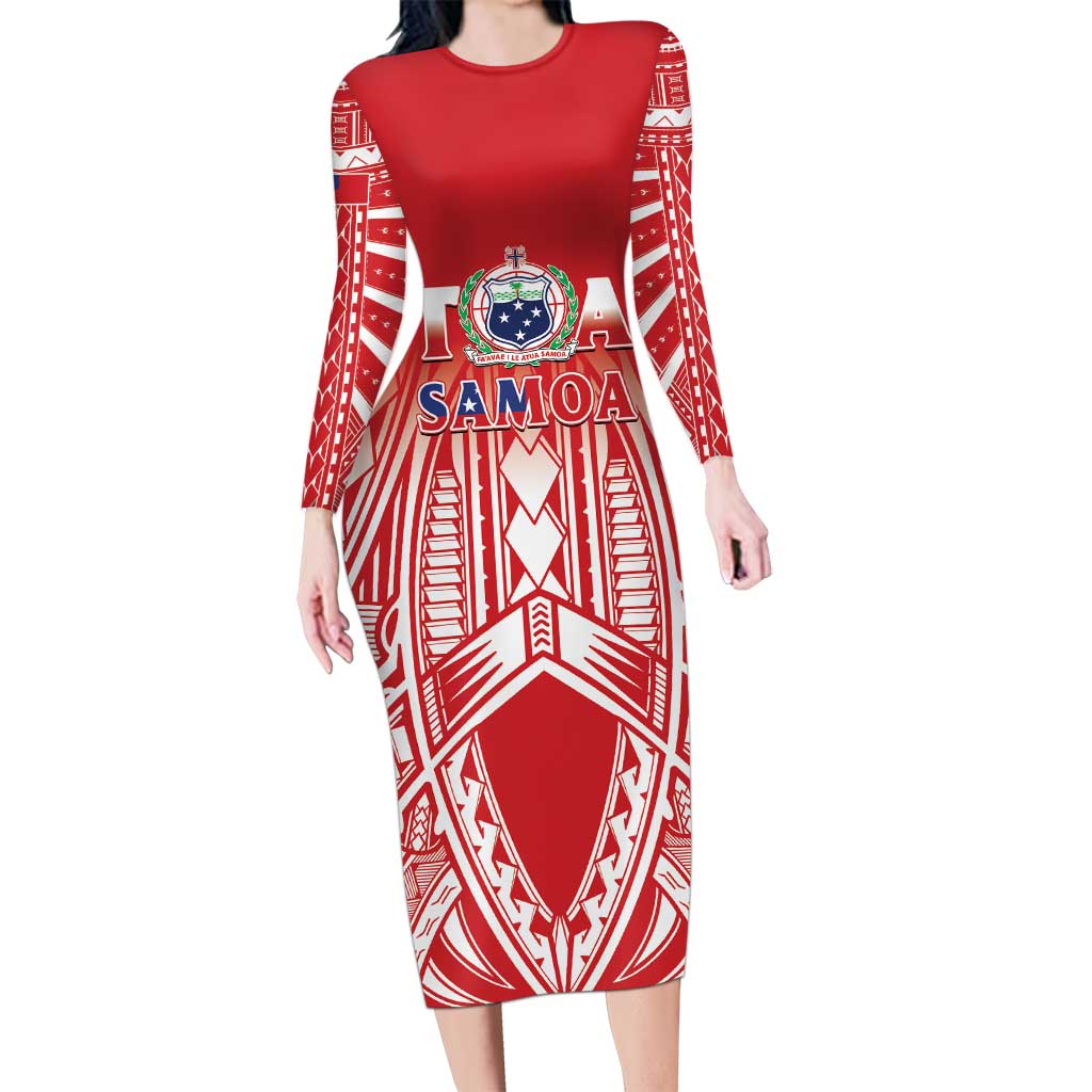 Toa Samoa Rugby Custom Long Sleeve Bodycon Dress Samoa mo Samoa Polynesian Pacific Red - Polynesian Pride
