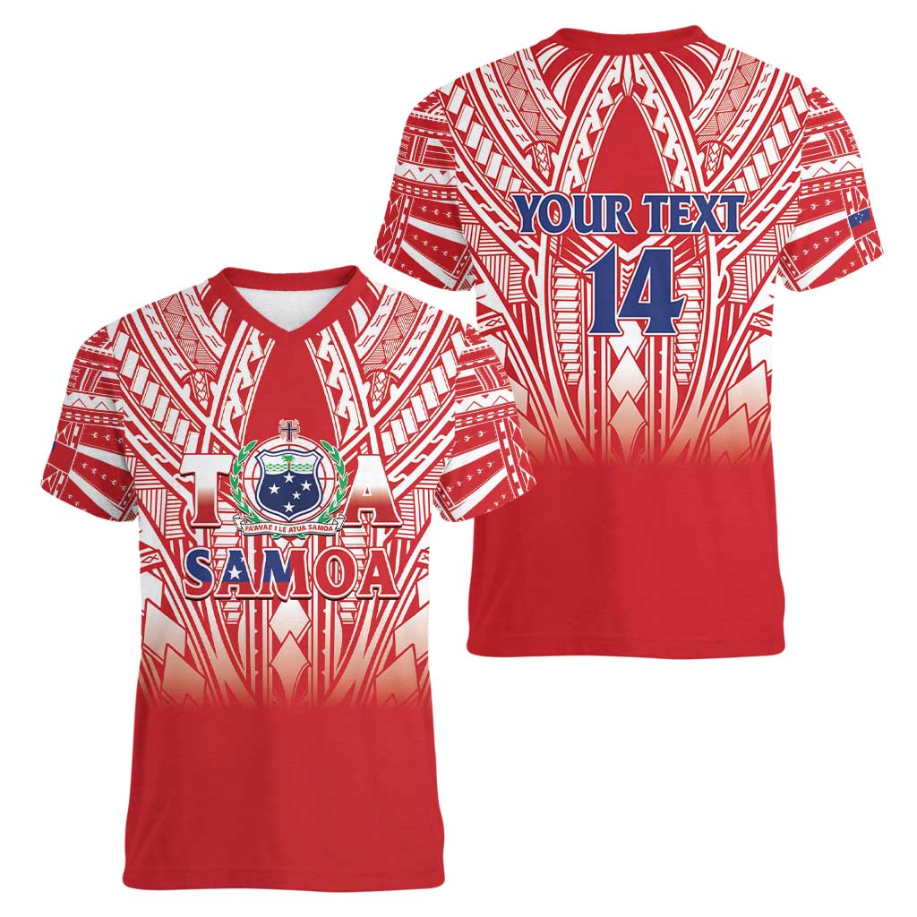 Toa Samoa Rugby Custom Women V-Neck T-Shirt Samoa mo Samoa Polynesian Pacific Red - Polynesian Pride