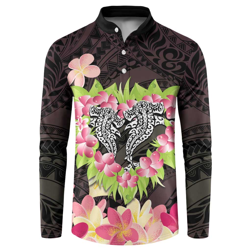Polynesia Valentine's Day Button Sweatshirt Hammerhead Shark Plumeria With Polynesian Pattern