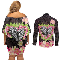 Polynesia Valentine's Day Couples Matching Off Shoulder Short Dress and Long Sleeve Button Shirt Hammerhead Shark Plumeria With Polynesian Pattern