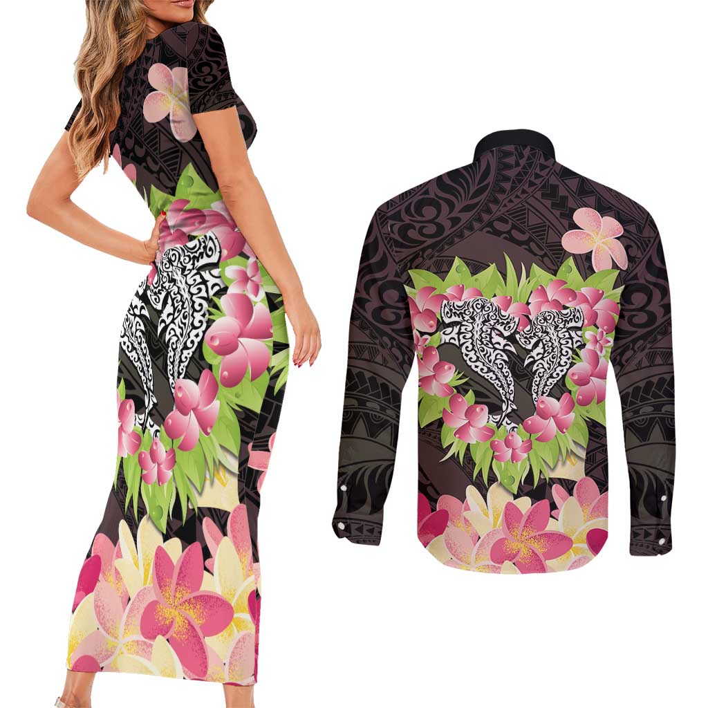 Polynesia Valentine's Day Couples Matching Short Sleeve Bodycon Dress and Long Sleeve Button Shirt Hammerhead Shark Plumeria With Polynesian Pattern