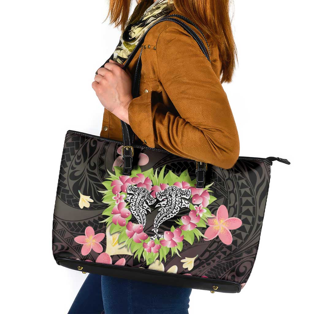 Polynesia Valentine's Day Leather Tote Bag Hammerhead Shark Plumeria With Polynesian Pattern