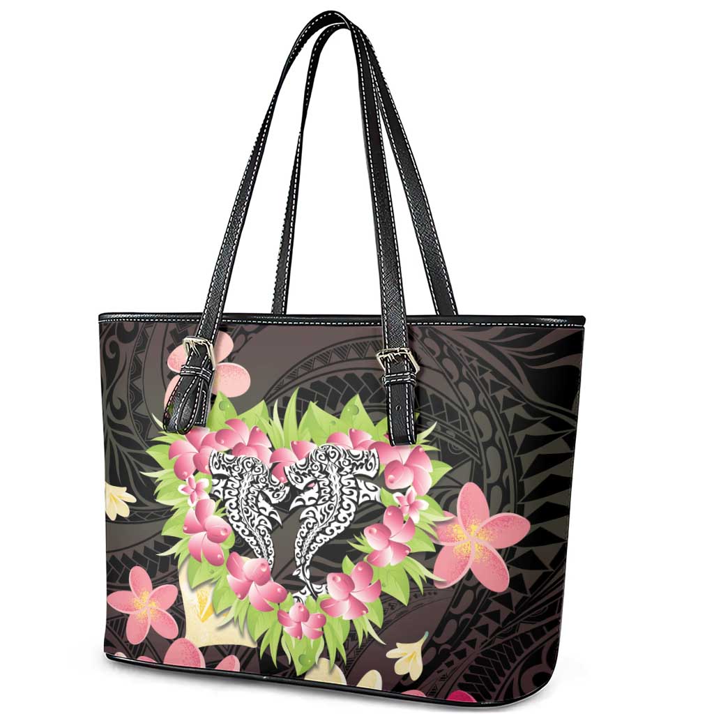 Polynesia Valentine's Day Leather Tote Bag Hammerhead Shark Plumeria With Polynesian Pattern