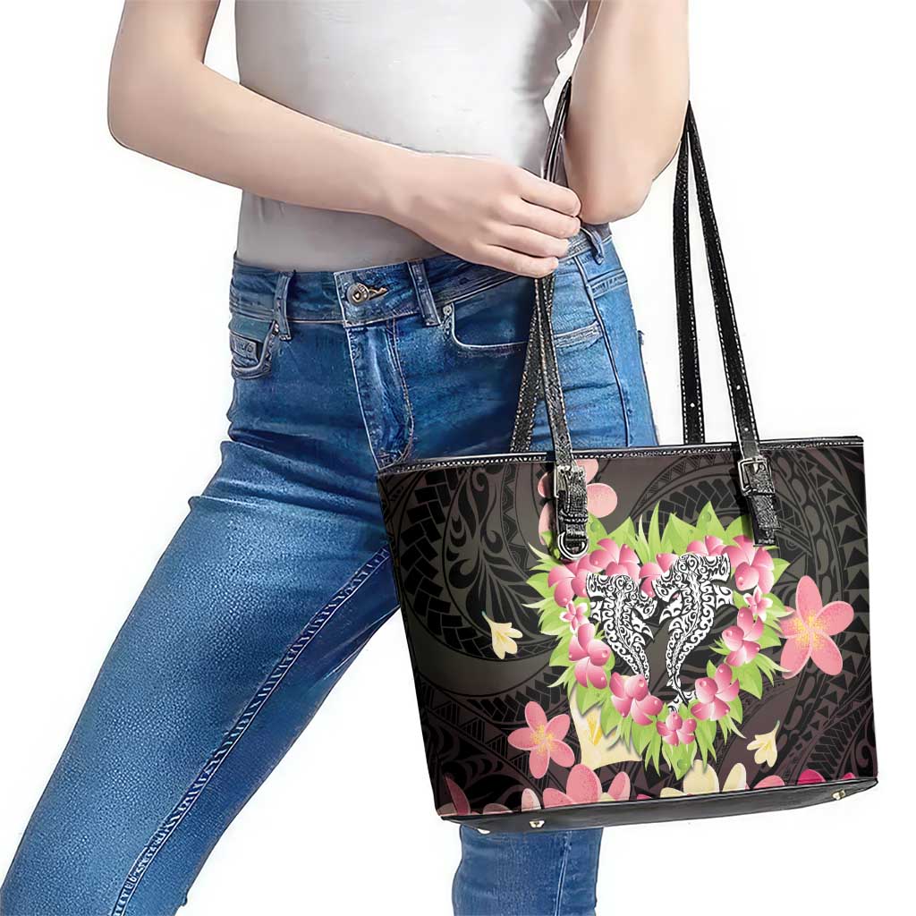 Polynesia Valentine's Day Leather Tote Bag Hammerhead Shark Plumeria With Polynesian Pattern