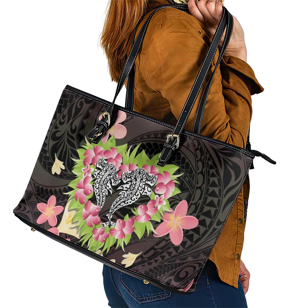 Polynesia Valentine's Day Leather Tote Bag Hammerhead Shark Plumeria With Polynesian Pattern