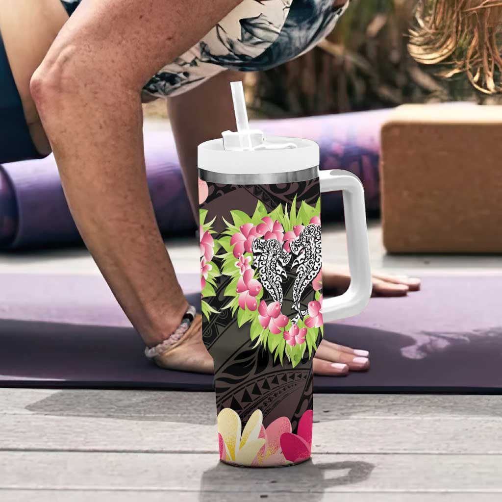 Polynesia Valentine's Day Tumbler With Handle Hammerhead Shark Plumeria With Polynesian Pattern