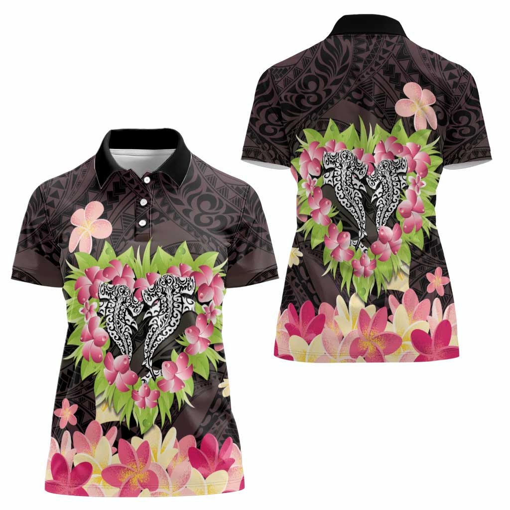 Polynesia Valentine's Day Women Polo Shirt Hammerhead Shark Plumeria With Polynesian Pattern