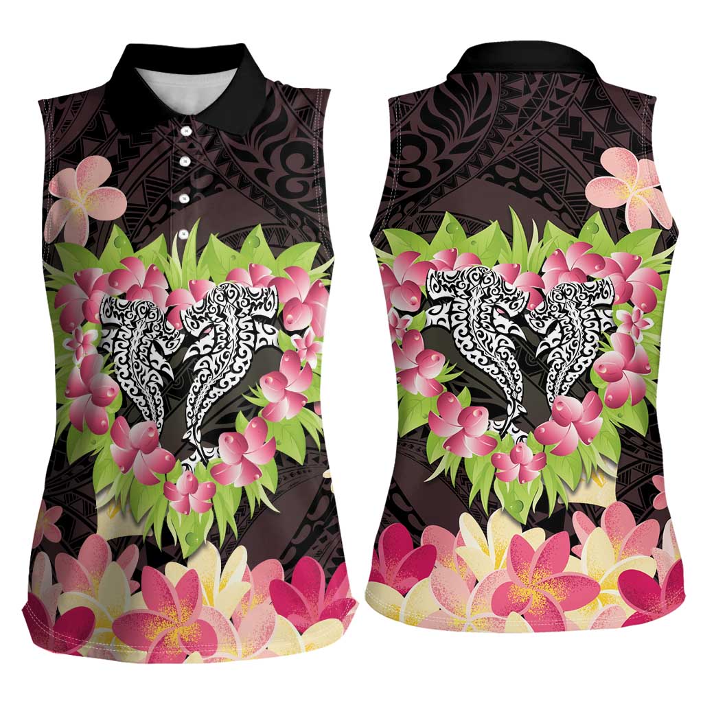 Polynesia Valentine's Day Women Sleeveless Polo Shirt Hammerhead Shark Plumeria With Polynesian Pattern