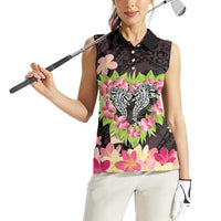 Polynesia Valentine's Day Women Sleeveless Polo Shirt Hammerhead Shark Plumeria With Polynesian Pattern