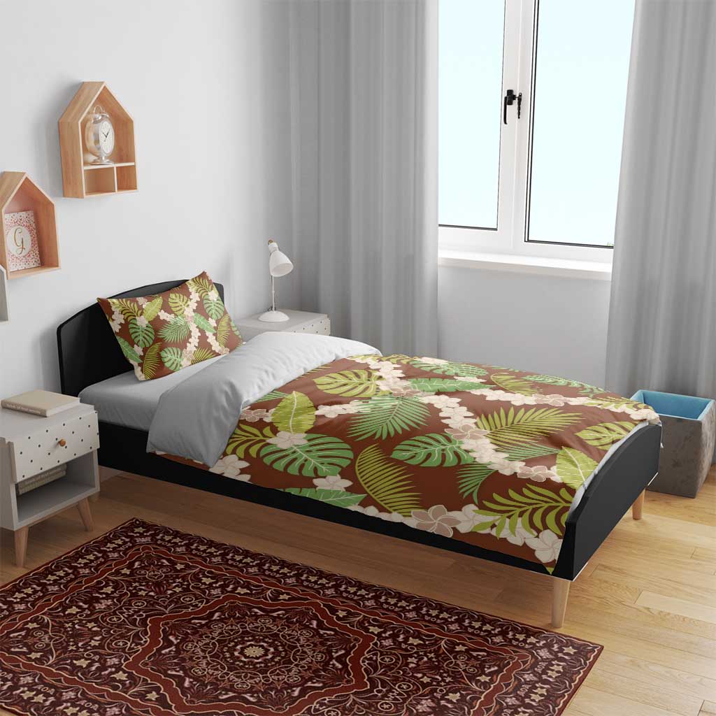 Brown Hawaii Plumeria Lei With Tropical Leaves Bedding Set