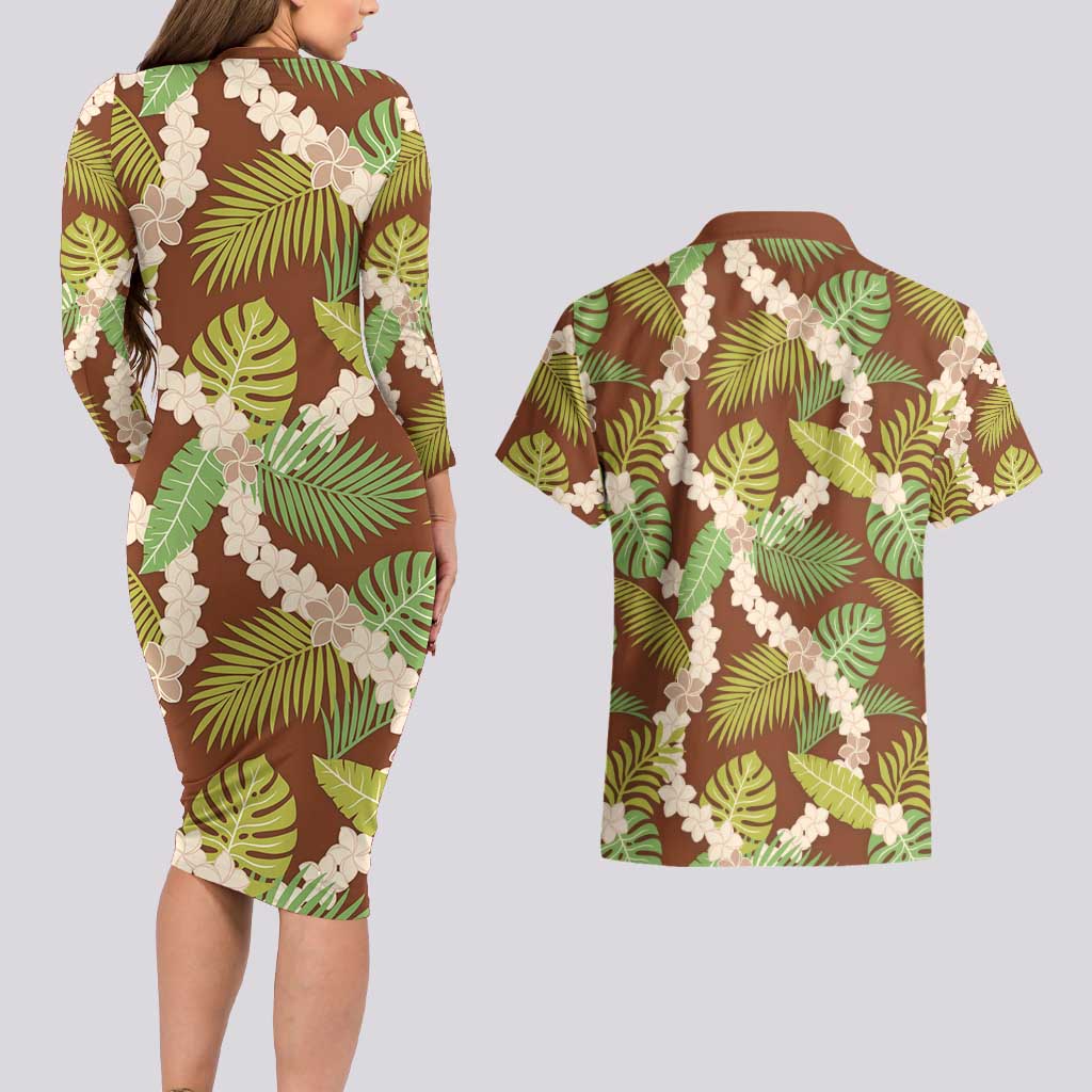 Brown Hawaii Plumeria Lei With Tropical Leaves Couples Matching Long Sleeve Bodycon Dress and Hawaiian Shirt LT14 - Polynesian Pride