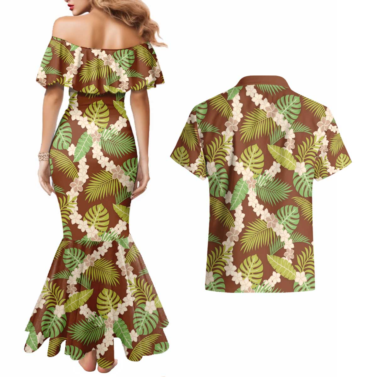 Brown Hawaii Plumeria Lei With Tropical Leaves Couples Matching Mermaid Dress and Hawaiian Shirt