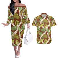 Brown Hawaii Plumeria Lei With Tropical Leaves Couples Matching Off The Shoulder Long Sleeve Dress and Hawaiian Shirt LT14 Brown - Polynesian Pride