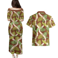 Brown Hawaii Plumeria Lei With Tropical Leaves Couples Matching Puletasi and Hawaiian Shirt