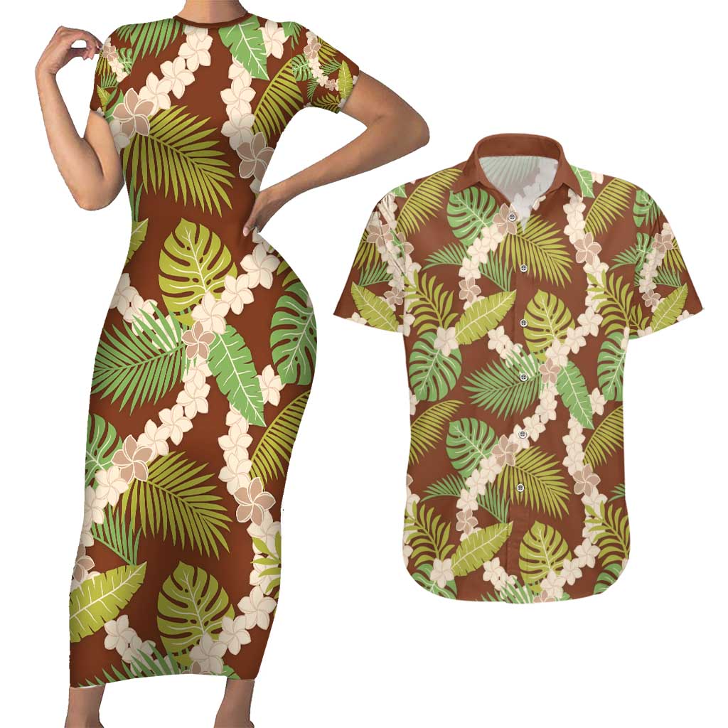 Brown Hawaii Plumeria Lei With Tropical Leaves Couples Matching Short Sleeve Bodycon Dress and Hawaiian Shirt LT14 Brown - Polynesian Pride