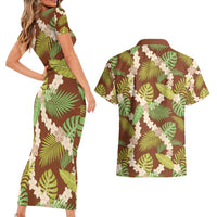 Brown Hawaii Plumeria Lei With Tropical Leaves Couples Matching Short Sleeve Bodycon Dress and Hawaiian Shirt LT14 - Polynesian Pride