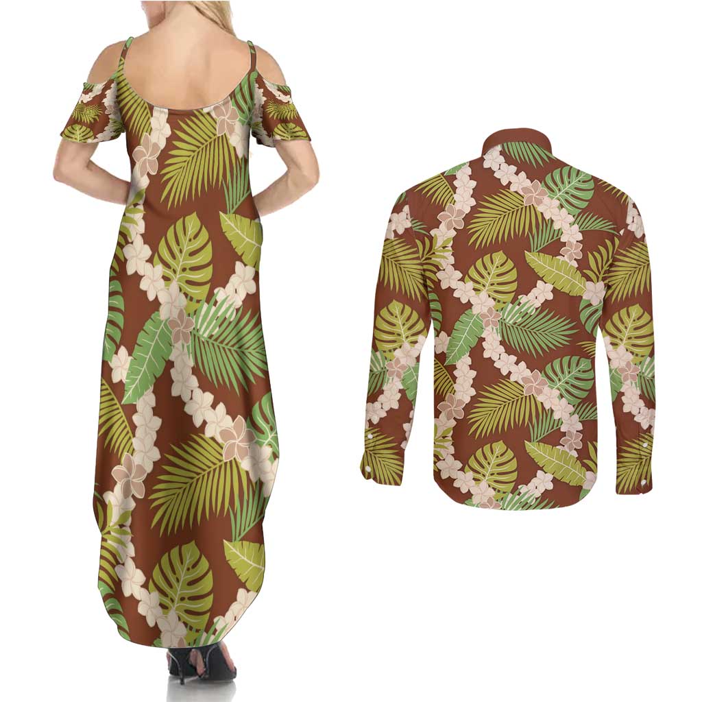 Brown Hawaii Plumeria Lei With Tropical Leaves Couples Matching Summer Maxi Dress and Long Sleeve Button Shirt