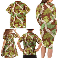 Brown Hawaii Plumeria Lei With Tropical Leaves Family Matching Long Sleeve Bodycon Dress and Hawaiian Shirt LT14 - Polynesian Pride